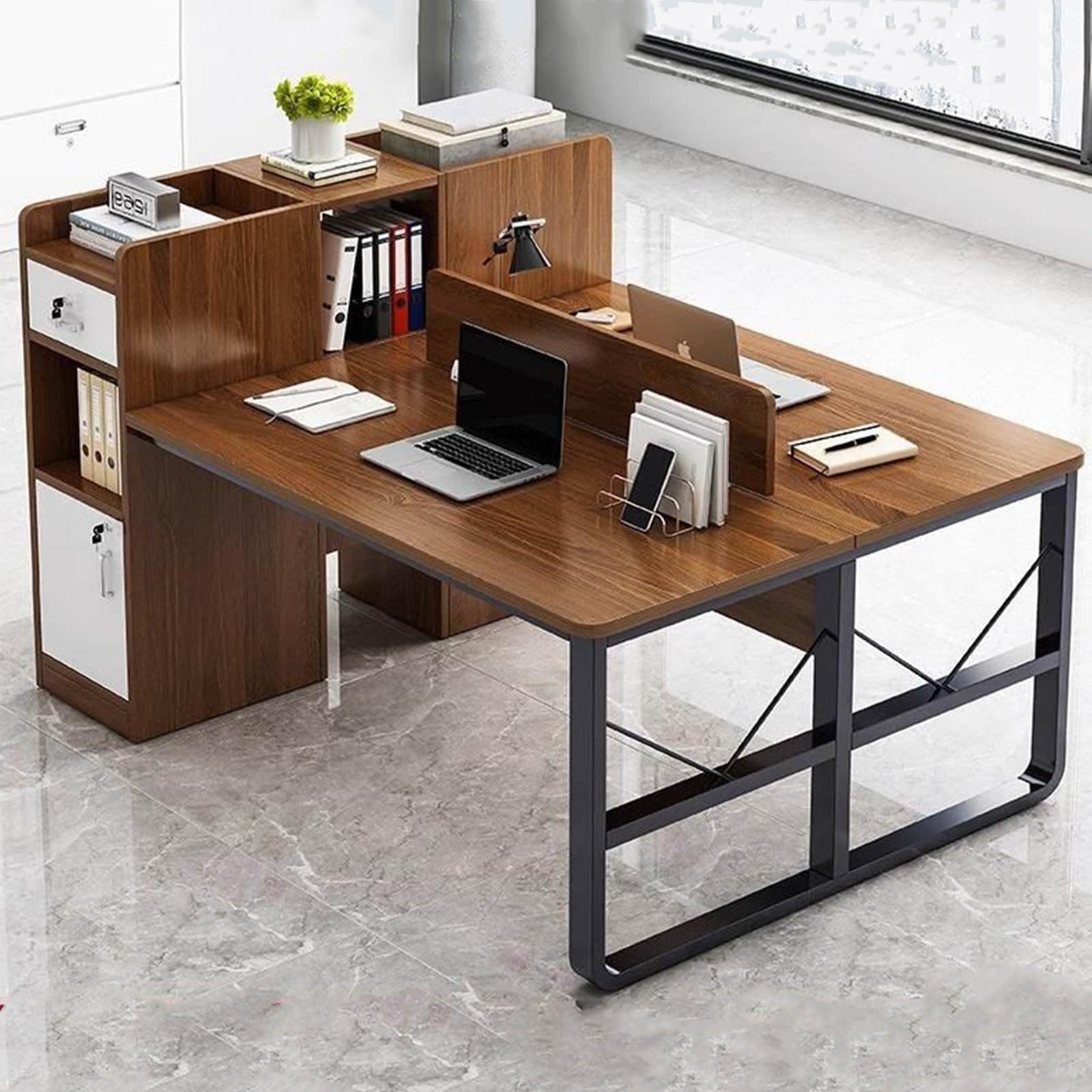 Amazon | 引き出し付き2人用デスク、パーティション付きダブル